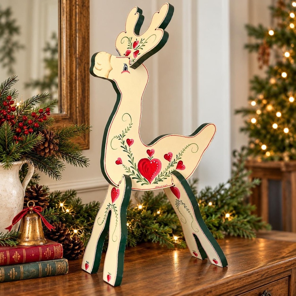 Hand Painted Wood Reindeer Christmas Decor 24" Folk Art Signed Hendricks